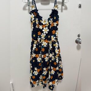 Floral Crochet Lace Dress Navy White Orange Daisy Embroidered M
